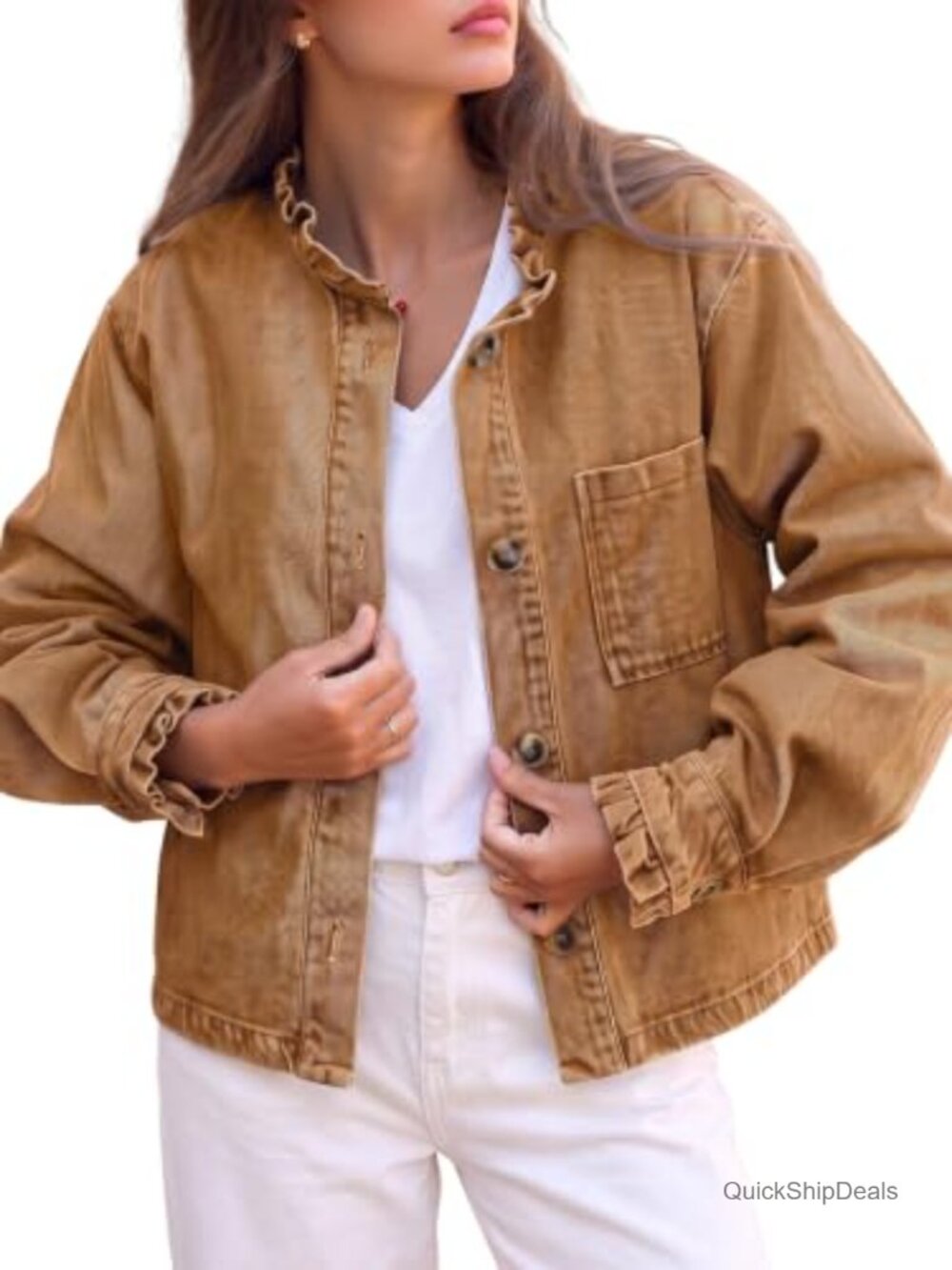 Womens Denim Shirt Casual Long Sleeve Button Down Ruffle Neck Blouse with Chest
